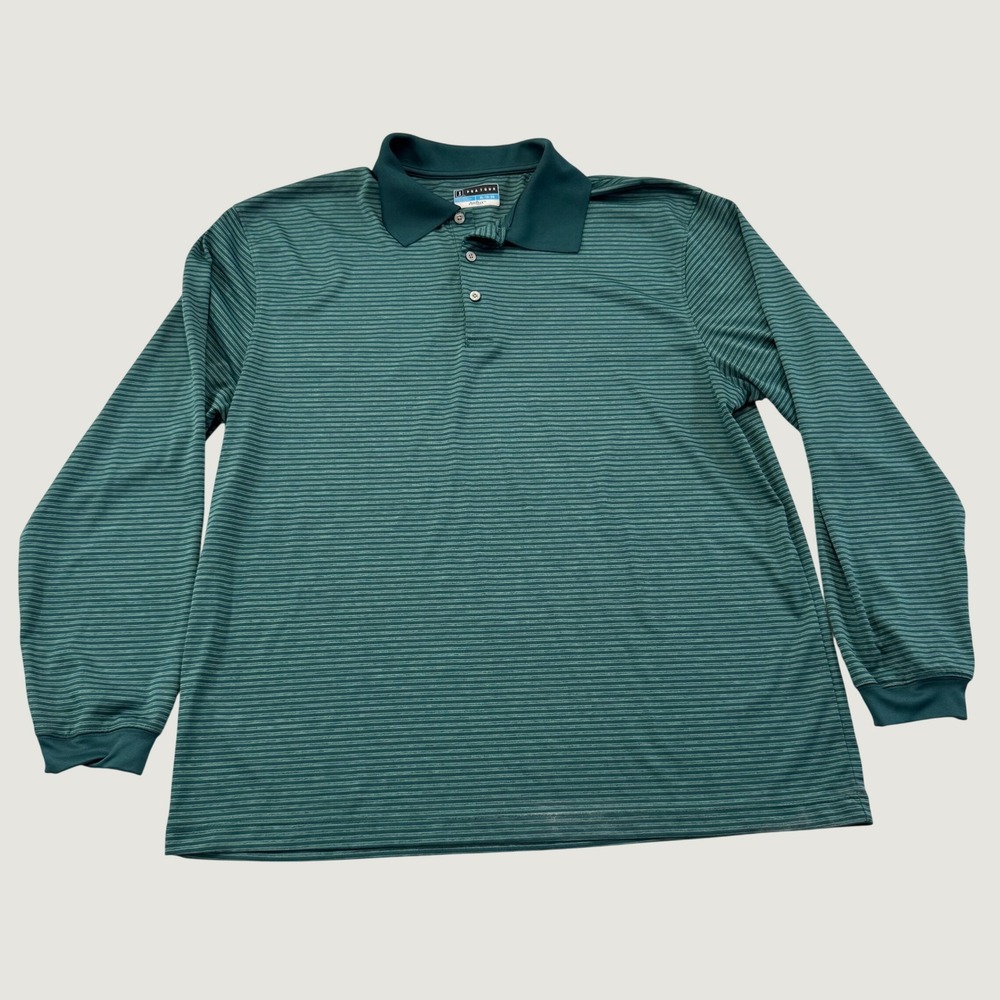 PGA Tour Airflux Polo Mens XL Green Stripe Long Sleeve Golf Performance Shirt